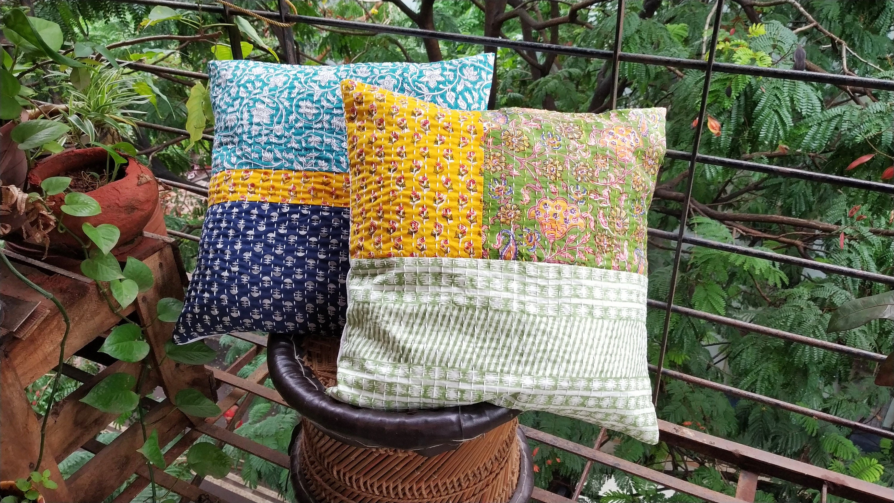 Floral Kantha Pillow Cover, Yellow and Green Kantha Cushion Cover