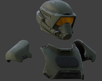 May include: A green and black military-style helmet with a visor and matching chest plate and shoulder pads.