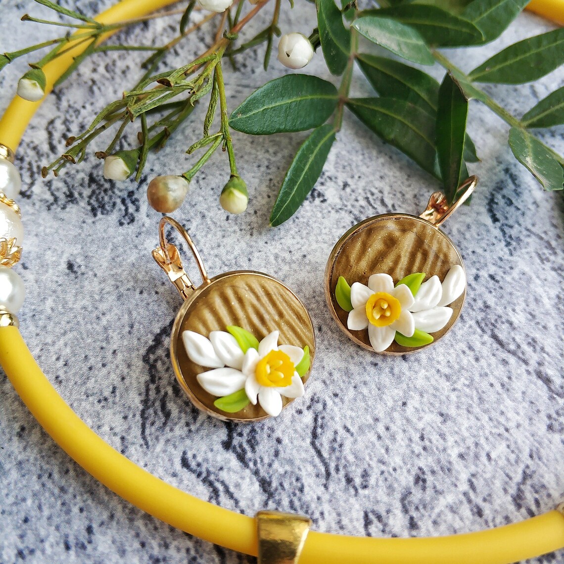 Narcissus necklace pendant and ring. Spring jewelry set Etsy