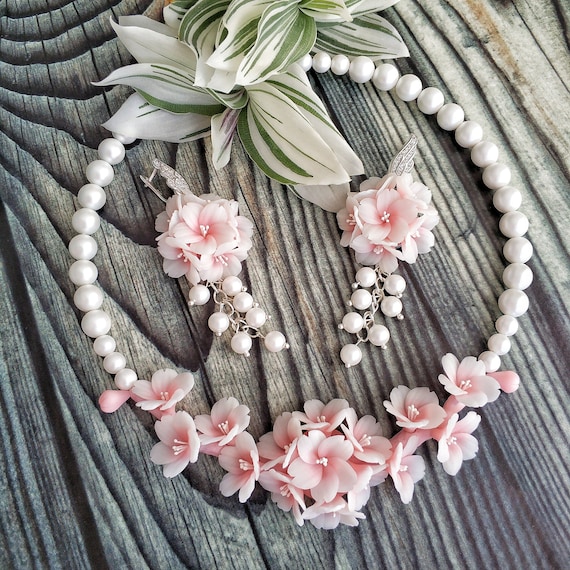 Sakura Jewelry Set Cherry Blossom Necklace And Earrings Etsy