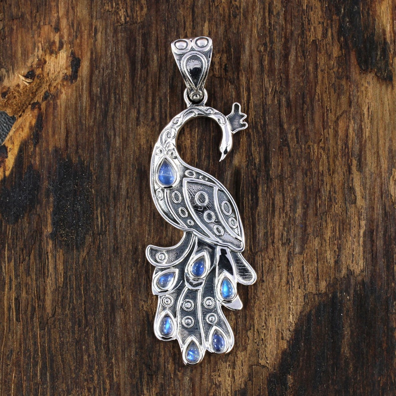 Solid Sterling Silver Moonstone Jewelry Antiqued Silver Peacock Pendant Unique Jewelry Rainbow Moonstone Necklace
