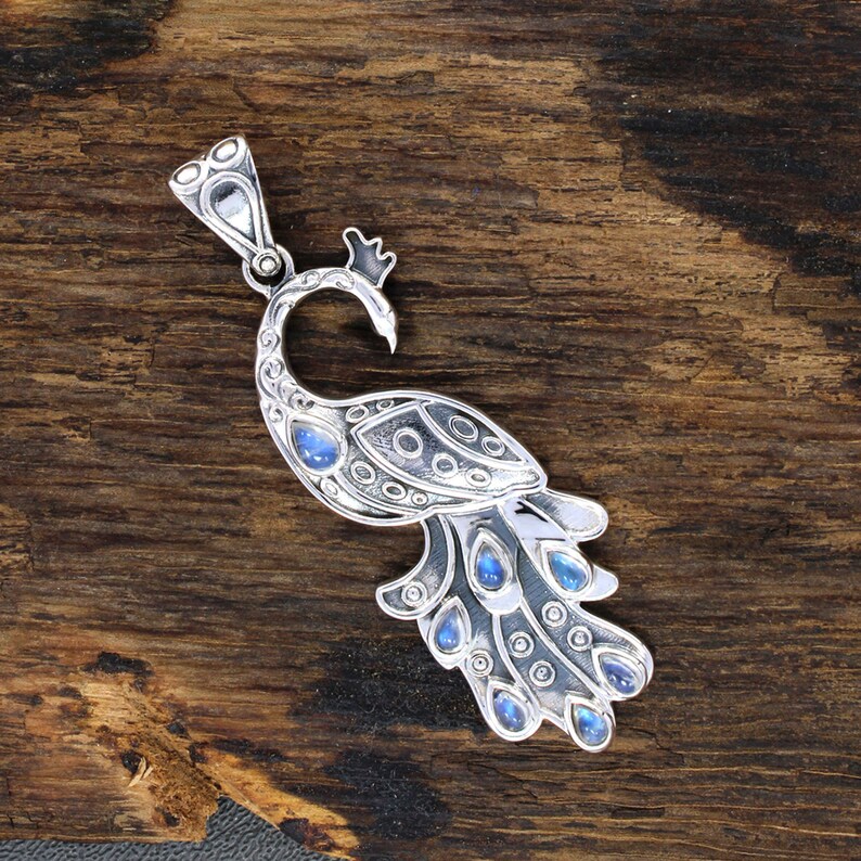 Solid Sterling Silver Moonstone Jewelry Antiqued Silver Peacock Pendant Unique Jewelry Rainbow Moonstone Necklace
