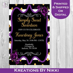 Sweet Seventeen Invitation - Custom Invitation - Seventeenth Birthday Invitation - Purple Invitation