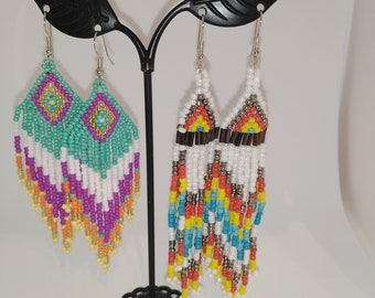 Handmade Delica Bead Fringe Earrings, Colorful Boho Dangle Earrings