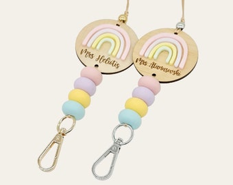 Personalized Rainbow Lanyard | Wooden Charm & Silicone Beads
