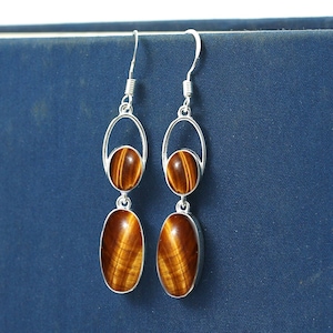 Tiger Eye Earring-Two Stone Silver Earring-Long Dangle Earring-Handmade Earring-925 Sterling Silver Tiger's Eye Earring-Gemstone Earring