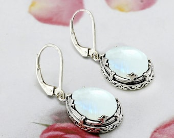 Boucles d'oreilles arc-en-ciel avec pierre de lune : pendentif levier argent poire