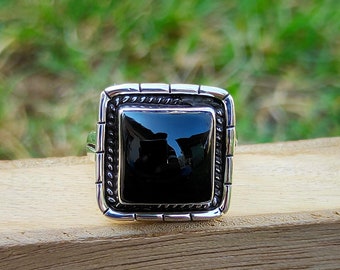 Black Onyx Ring, Handmade Silver Ring, Square Shape Onyx Ring, Statement Ring, Boho Ring, Vintage Style Ring, 925 Sterling Silver Ring, Gift