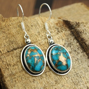 Turquoise Boho Earrings, 925 Sterling Silver Earrings, Blue Copper Turquoise Earrings, Vintage Earrings, Women Dangle Earrings Gifts For Her