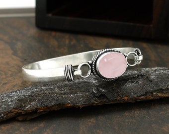 Rose Quartz Bangle, Pink Quartz Bangle, 925 Sterling Silver Bangle, Silver Cuff Bangle, January Birthstone, Vintage Bangle, Gemstone Bangle