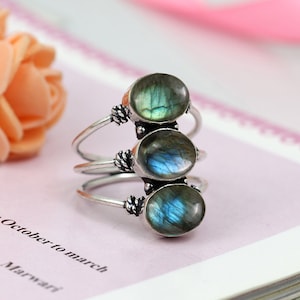 Natural Labradorite Ring, Oval Labradorite Ring, Sterling Silver Ring, Boho Ring, Multi Stone Ring, Gemstone Ring Handmade Ring Gift For Her