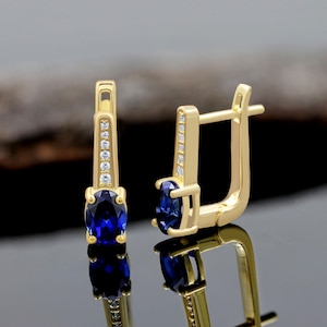 2.05 Ctw Blue Sapphire Earrings, 18K Yellow Gold Plated 925 Sterling Silver Post Hoop Earrings, Birthstone Jewelry, Anniversary Gifts Women