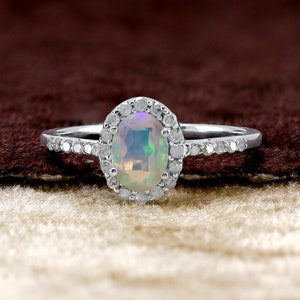 Ethiopian Opal Diamond Halo Ring, Silver Opal Diamond Ring, Fire Opal Silver Ring, Bridal Wedding Ring, Dainty Promise Ring, Gift For Her,