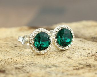 Pendientes de botón Swarovski con esmeraldas: Plata de ley 925 vintage