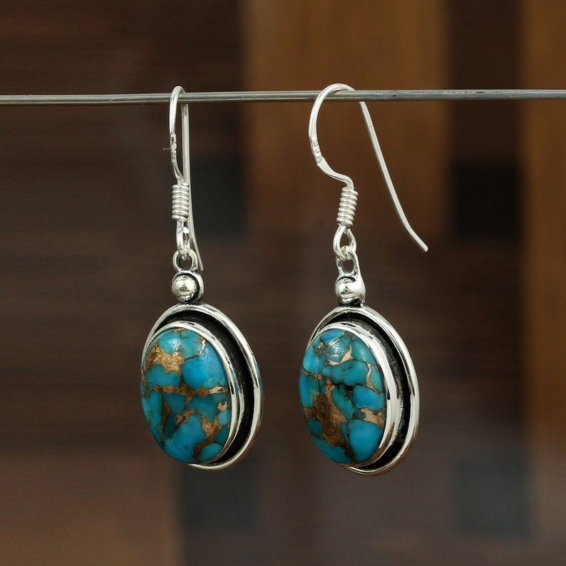Natural Blue Copper Turquoise Earrings Oval Shape Gemstone Earrings Vintage Earrings Dangle Earrings 925 Sterling Silver Earrings