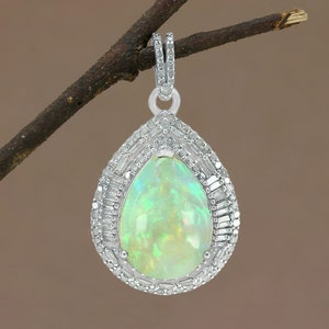 Genuine Ethiopian Opal Necklace, Diamond Halo Opal Pendant, 925 Sterling Silver Pendant, Wedding Bridesmaid Necklace, October Birthstone