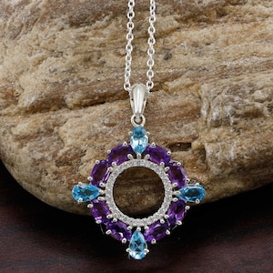 Amethyst and Swiss Blue Topaz Pendant, 925 Sterling Silver Pendant, Blue Topaz Amethyst Necklace, Cocktail Pendant, Gemstone Pendant, Gift