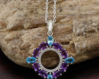 Blue Topaz and Amethyst Flower Charm Pendant .925 Sterling Silver Citrine Blue Topaz and Amethyst Flower Charm Pendant .925 Sterling Silver Citrine