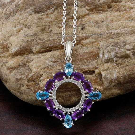 Collier Pendentif En Argent Ancien Avec Topaze Bleue Et Améthyste - Bijou Vintage Occasion