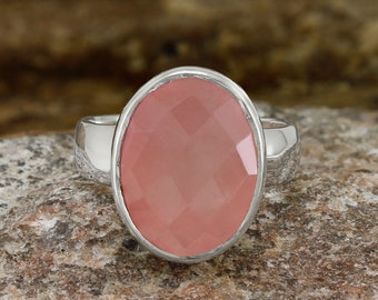 Rose Quartz Ring-925 Statement Ring-Sterling Silver Ring-Oval Rose Quartz Ring-Crystal Ring-Birthstone Ring-Pink Gemstone Ring-Dainty Ring