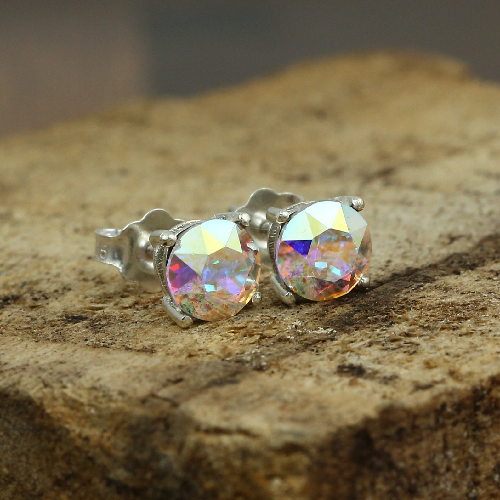 Aurora Borealis Stud Earrings 6mm Round Swarovski Crystal Etsy