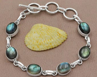 Natürliche Blau Labradorit 925 Silber Armband - Einstellbare Edelstein Schmuck