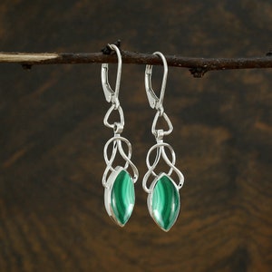 Malachite Earrings, Large Dangle Drop Earrings, 925 Sterling Silver Earrings, Marquise Shape Earrings, Lever Back Earrings, Gift For Women