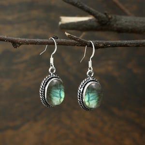 Boho Labradorite Sterling Silver Drop Earrings: Handmade Vintage Style