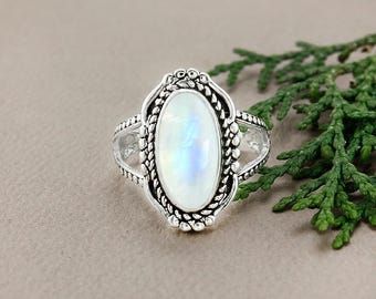 Oval Rainbow Moonstone Ring, Oxidized  Silver, Boho Vintage Style