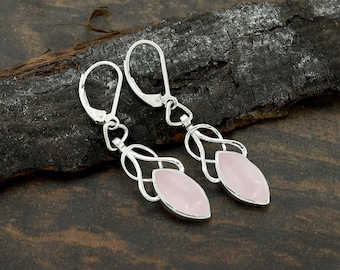 Rose Quartz Sterling Silver Dangle Earrings: Celtic Knot Design
