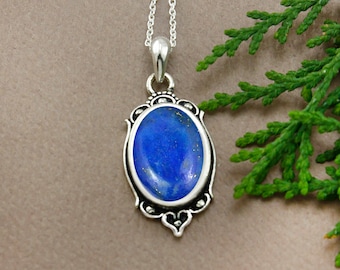 Lapis Lazuli Pendant Necklace-Oval Lapis Pendant-925 Sterling Silver Pendant-Blue Stone Boho Pendant-Handmade Gemstone Pendant-Gift For Her