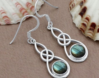 Blue Flash Labradorite Dangle Earrings, 925 Sterling Silver Celtic Earrings