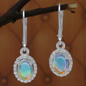Ethiopian Opal Diamond Earrings: 925 Sterling Silver Lever Back Dangle
