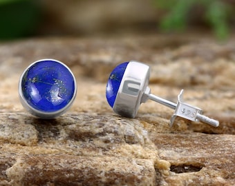 Lapis Lazuli Stud Earrings, Sterling Silver 925, Round Gemstone
