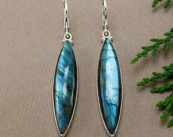 Boucles d'oreilles en labradorite de feu bleu : pendentif marquise en argent 925