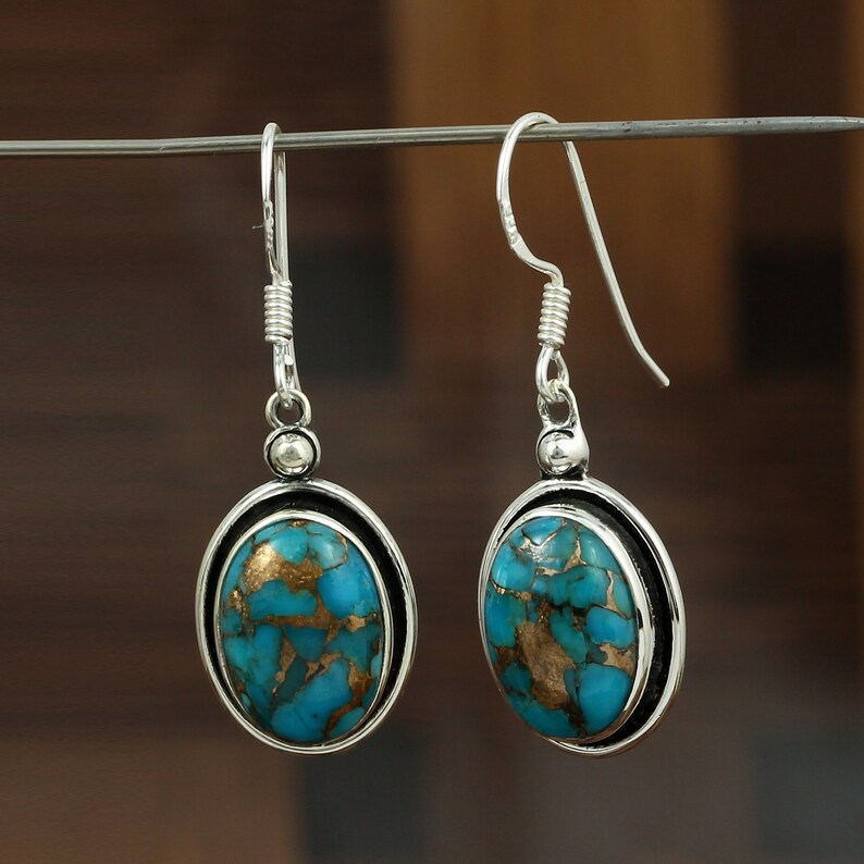 Natural Blue Copper Turquoise Earrings Oval Shape Gemstone Earrings Vintage Earrings Dangle Earrings 925 Sterling Silver Earrings