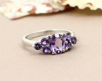 Bague Vintage En Argent Massif Avec Zircons Et Améthystes - Taille 56