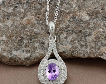 Amethyst Pendant: Oval  Silver Necklace, February Birthstone