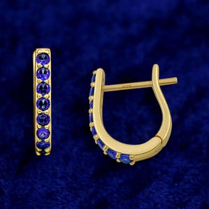 Blue Sapphire Earrings, 925 Sterling Silver Post Hoop Yellow Gold Plated Earrings for Women, Birthstones Jewelry, Trendy Hoop Earrings