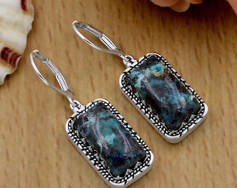 Chrysocolla Earrings: Oxidized 925 Silver Boho Dangle Earrings