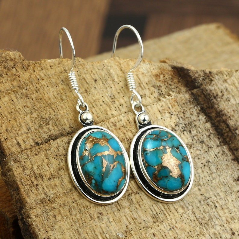 Natural Blue Copper Turquoise Earrings Oval Shape Gemstone Earrings Vintage Earrings Dangle Earrings 925 Sterling Silver Earrings