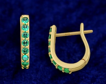 Emerald Hoop Earrings: 18K Gold Plated Sterling Silver, Birthstone Jewelry