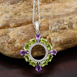 Amethyst Peridot Pendant, Sterling Silver Pendant, Multi Stone Pendant, Cocktail Pendant, Faceted Gemstone Pendant,Amethyst Peridot Necklace