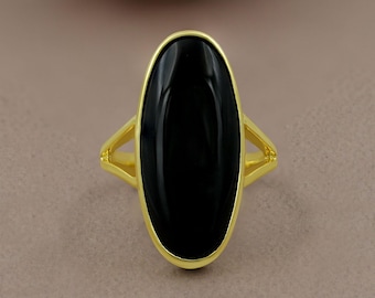 Anillo de ónix negro: latón chapado en oro de 14 k, anillo bohemio hecho a mano.
