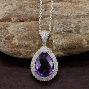 Tropfenförmiger Amethyst Anhänger: Sterling Silber Halo Halskette, Februar Geburtsstein