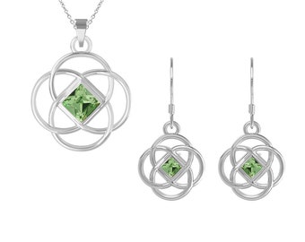 Created Peridot Pendant Earring, Celtic Knot Pendant-Dangle Earrings, Peridot Necklace Jewelry Set, 925 Sterling Silver, Jewelry Set, Gift