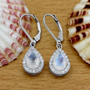 Natural Pear shaped Moonstone Earrings, Vintage Unique Moissanite cluster Earrings, Wedding Anniversary earrings For Women, Bridesmaid Gifts