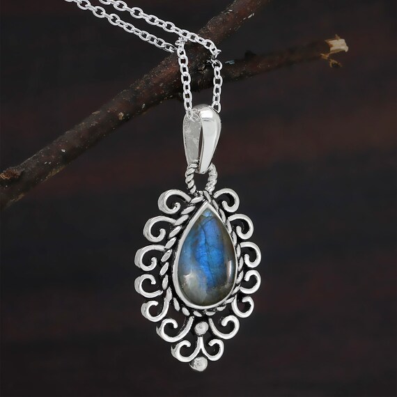 Pendentif Larme En Labradorite Naturelle - Monture Argent Sterling 925 - Pierre Bleu Vert - Neuf