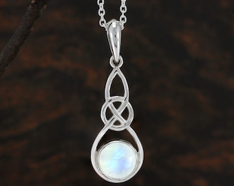 Collana con ciondolo in argento sterling con nodo celtico e pietra di luna arcobaleno - Italia