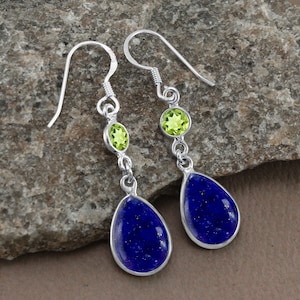 Lapis Lazuli Earrings, Sterling Silver Earrings, Multi Stone Earrings, Teardrop  Earrings, Peridot Gemstone Earrings, Silver Dangle Earrings